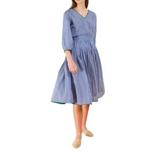 Sita Murt Striped Button Front Cotton-Voile Midi Dress - Navy White-HAS A STAIN